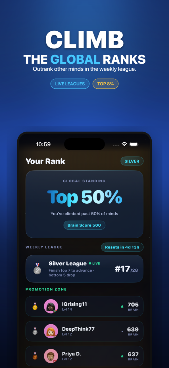 Brain Gym global leaderboard and weekly league